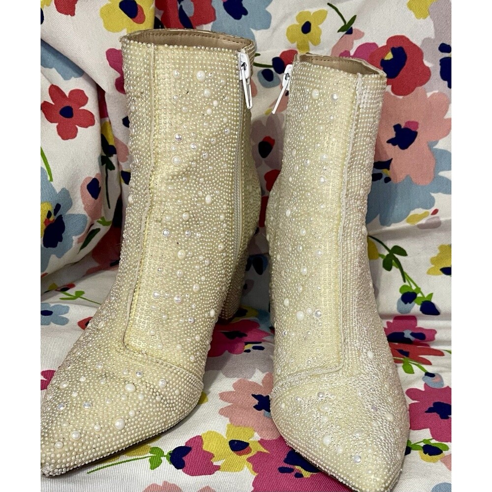 Nash Grey Pearl Rhinestone Ankle Booties Size 6.5 Ivory Block Heel Zips Bride